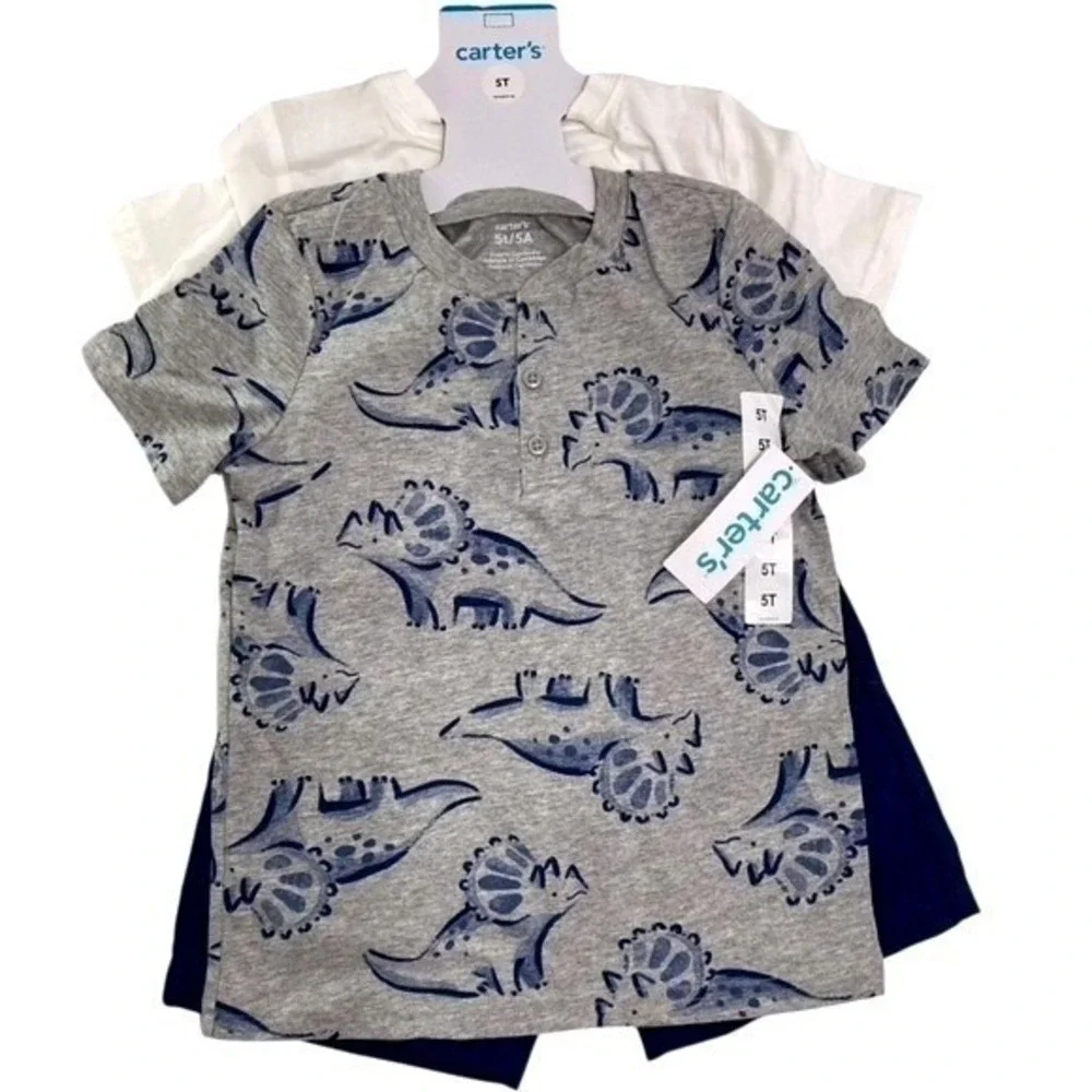 Carters Boys 3pc Dinosaur‎ Shirt and Shorts Set 5T White Grey Navy NWT